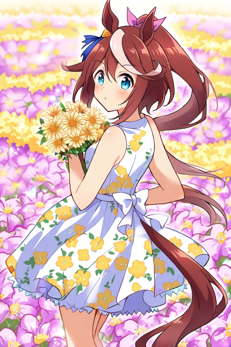 1girl, tokai Teio (Umamusume), :}, flowers, flower field, holding a flower, from behind, dress, floral print, sleeveless dress, looking at viewer,specialweek, tokaiteio, tail, horse girl, horse ears,