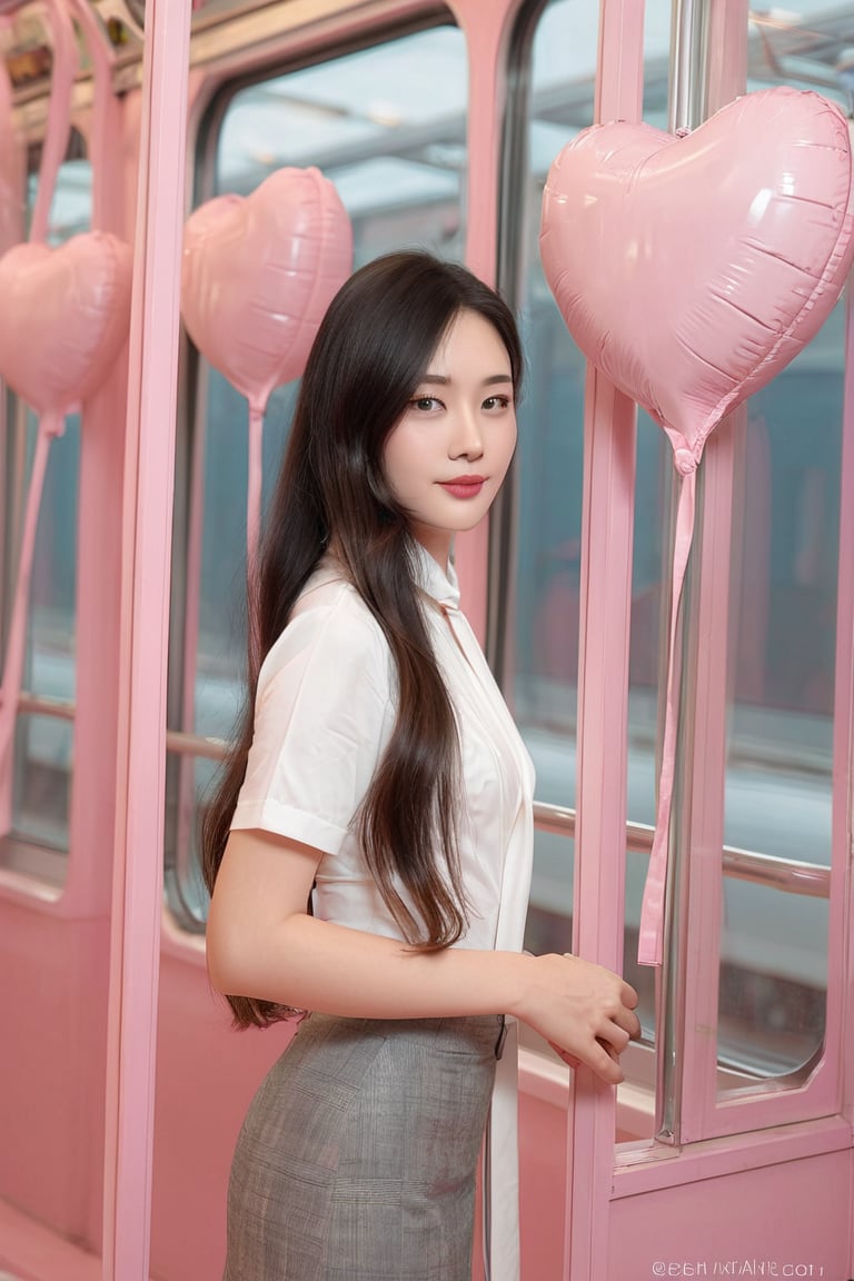 A beautiful young Asian woman with long,
dark hair stands inside a pastel-pink train
car, making a heart shape with her hands.
She wears a white short-sleeved shirt, a
pink necktie, and a gray pleated skirt.
Heart-shaped balloons float outside the
train window against a clear blue sky,
creating a dreamy, romantic atmosphere.