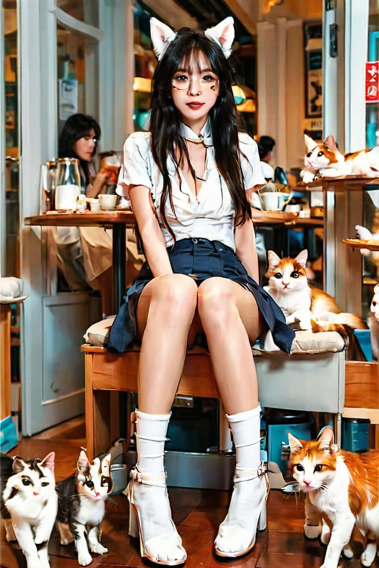 Prompt ::
full body of cute beautiful young woman
with long, dark hair, round eyeglasses, cute
pose and sitting in a cat cafe, looking at
viewer with smile face, She wears a cute
puffy cat-ears, white short sleeves
sailor-style blouse, a navy blue pleated
short skirt and white knee-high stocking.
surrounded by different breeds of cute
cats, many cats wandering in the cafe.