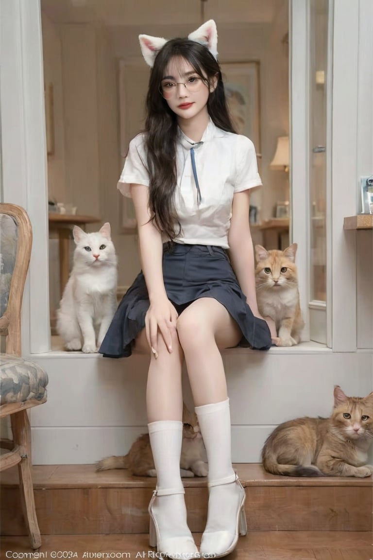 Prompt ::
full body of cute beautiful young woman
with long, dark hair, round eyeglasses, cute
pose and sitting in a cat cafe, looking at
viewer with smile face, She wears a cute
puffy cat-ears, white short sleeves
sailor-style blouse, a navy blue pleated
short skirt and white knee-high stocking.
surrounded by different breeds of cute
cats, many cats wandering in the cafe.