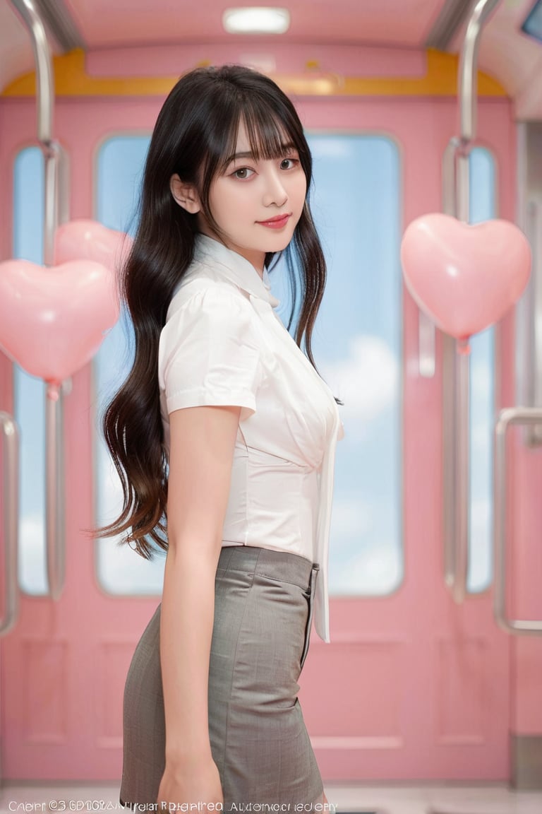 A beautiful young Asian woman with ((MESSY BUN)),
dark hair stands inside a pastel-pink train
car, making a heart shape with her hands.
She wears a white short-sleeved shirt, a
pink necktie, and a gray pleated skirt.
Heart-shaped balloons float outside the
train window against a clear blue sky,
creating a dreamy, romantic atmosphere.