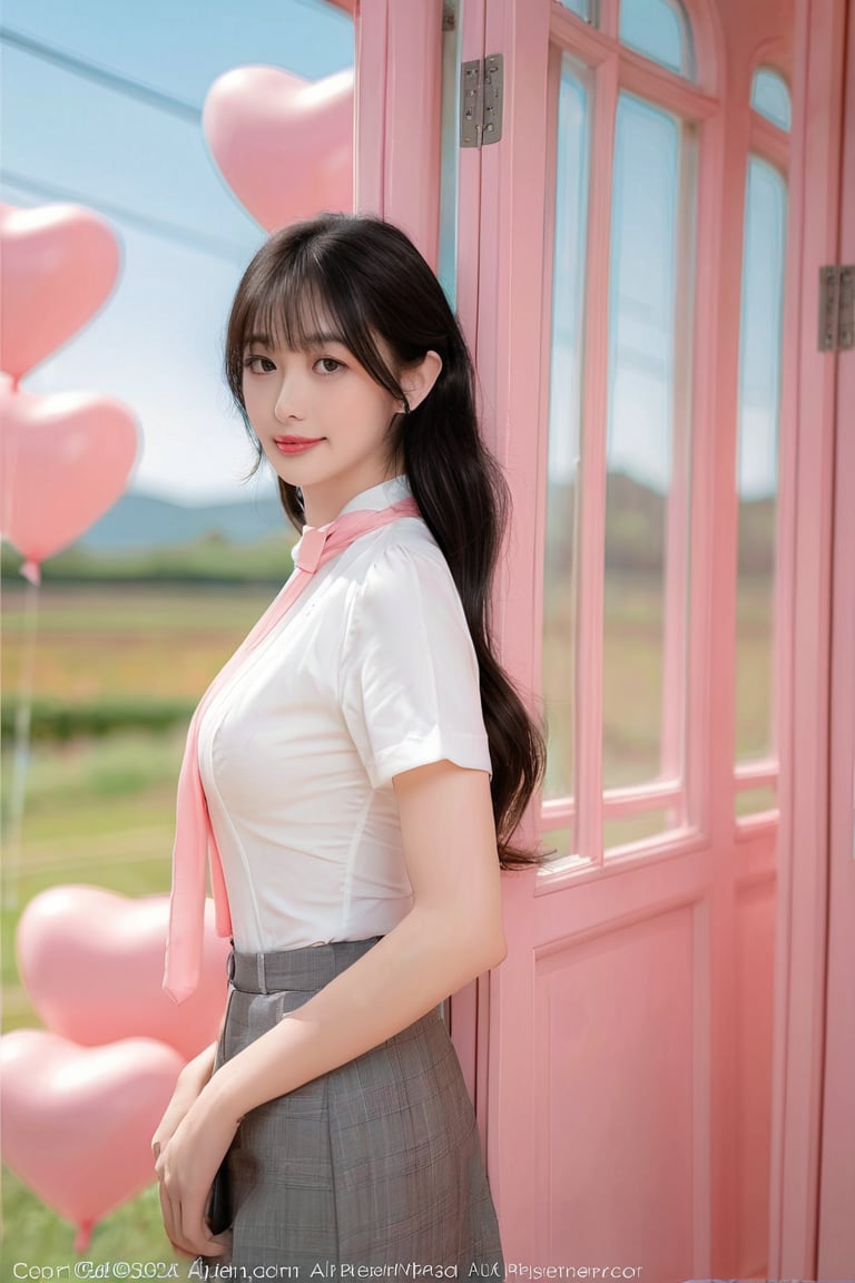 A beautiful young Asian woman with ((MESSY BUN)),
dark hair stands inside a pastel-pink train
car, making a heart shape with her hands.
She wears a white short-sleeved shirt, a
pink necktie, and a gray pleated skirt.
Heart-shaped balloons float outside the
train window against a clear blue sky,
creating a dreamy, romantic atmosphere.