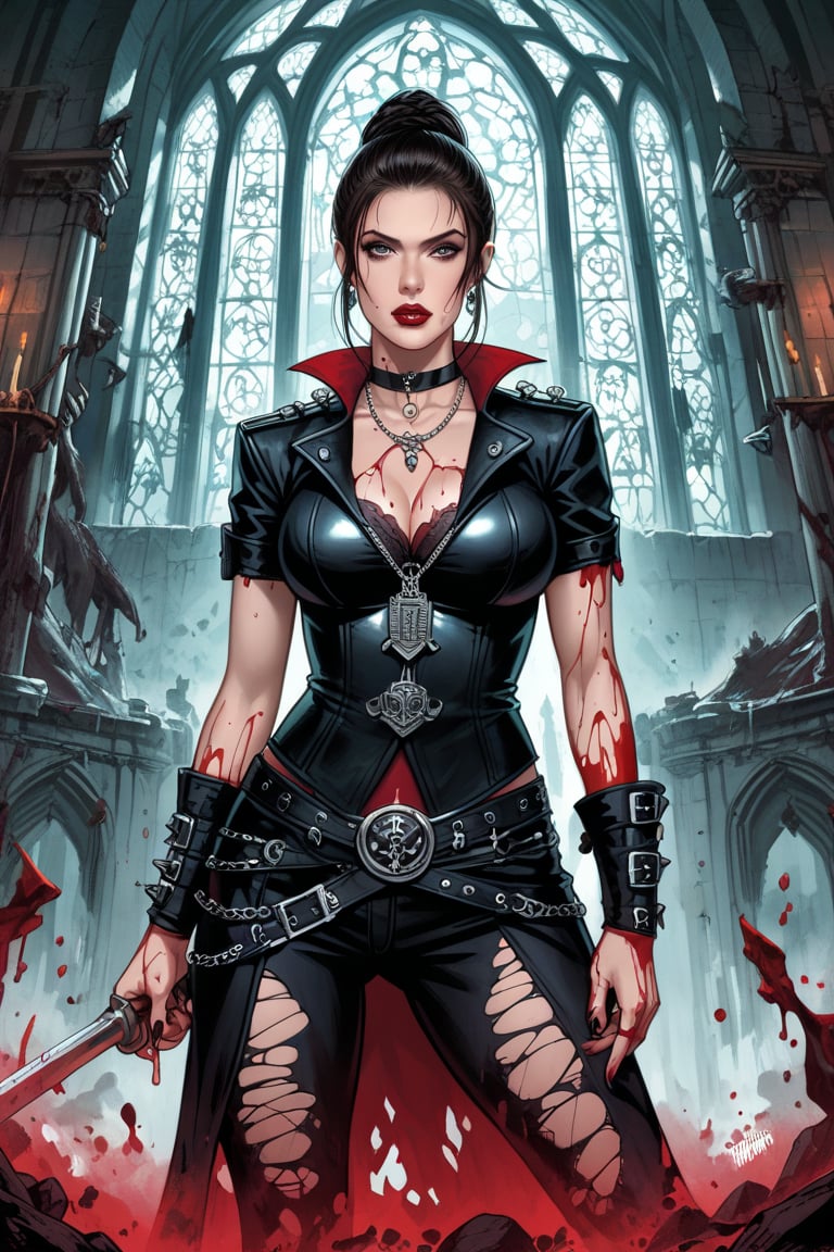 A female demon hunter strikes a dramatic pose amidst intricate, ink-stained cellophane and a masterpiece of expertly crafted chaos. Punk rock style fashion meets intense cell-shading in a 4K resolution study reminiscent of John William Waterhouse's mystical world. Framed by the ruins of a detailed castle pandemonium, this intimidating and glamorous demon hunter stands victorious, her study a testament to her expertise.