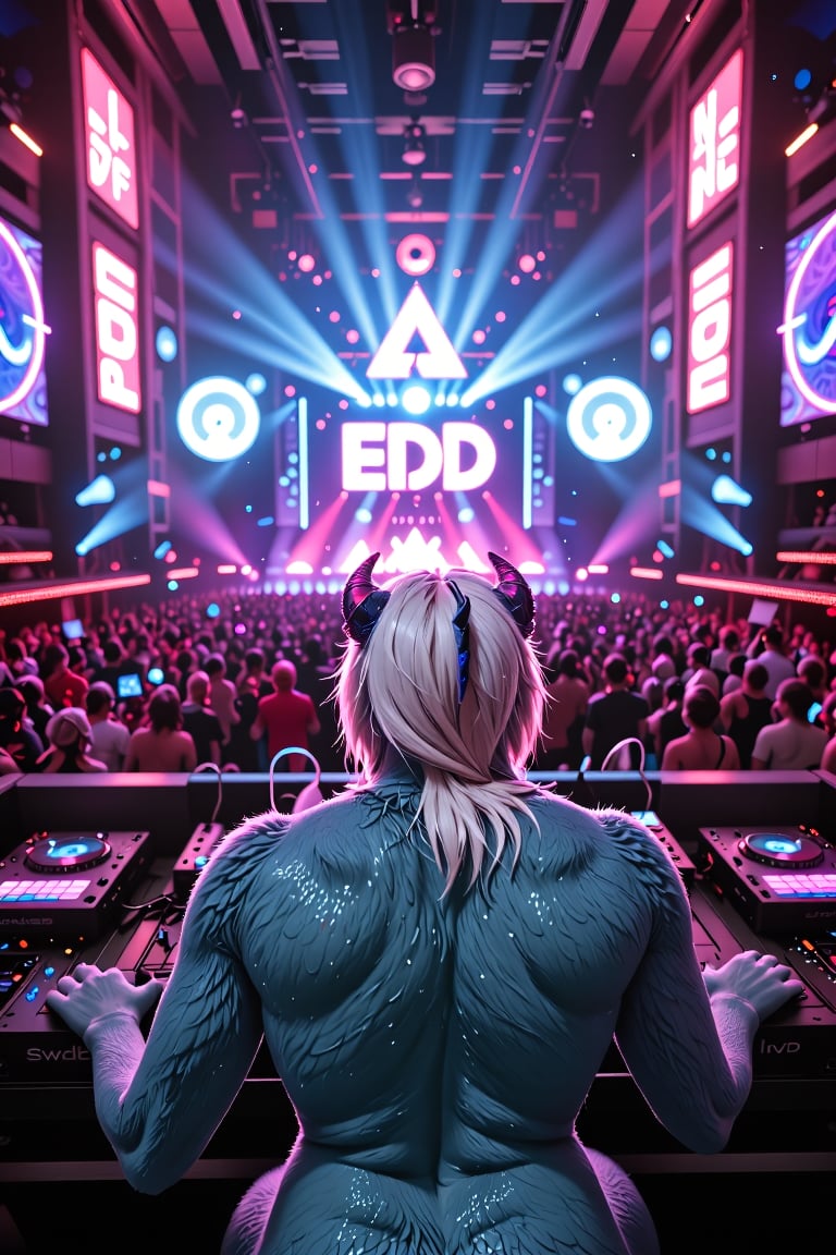 A wide over-the-shoulder view of an anthropomorphic blue dragon with white hair DJing to a nightclub crowd of furries, light show, confetti, music festival, EDC, massive stage, night time,