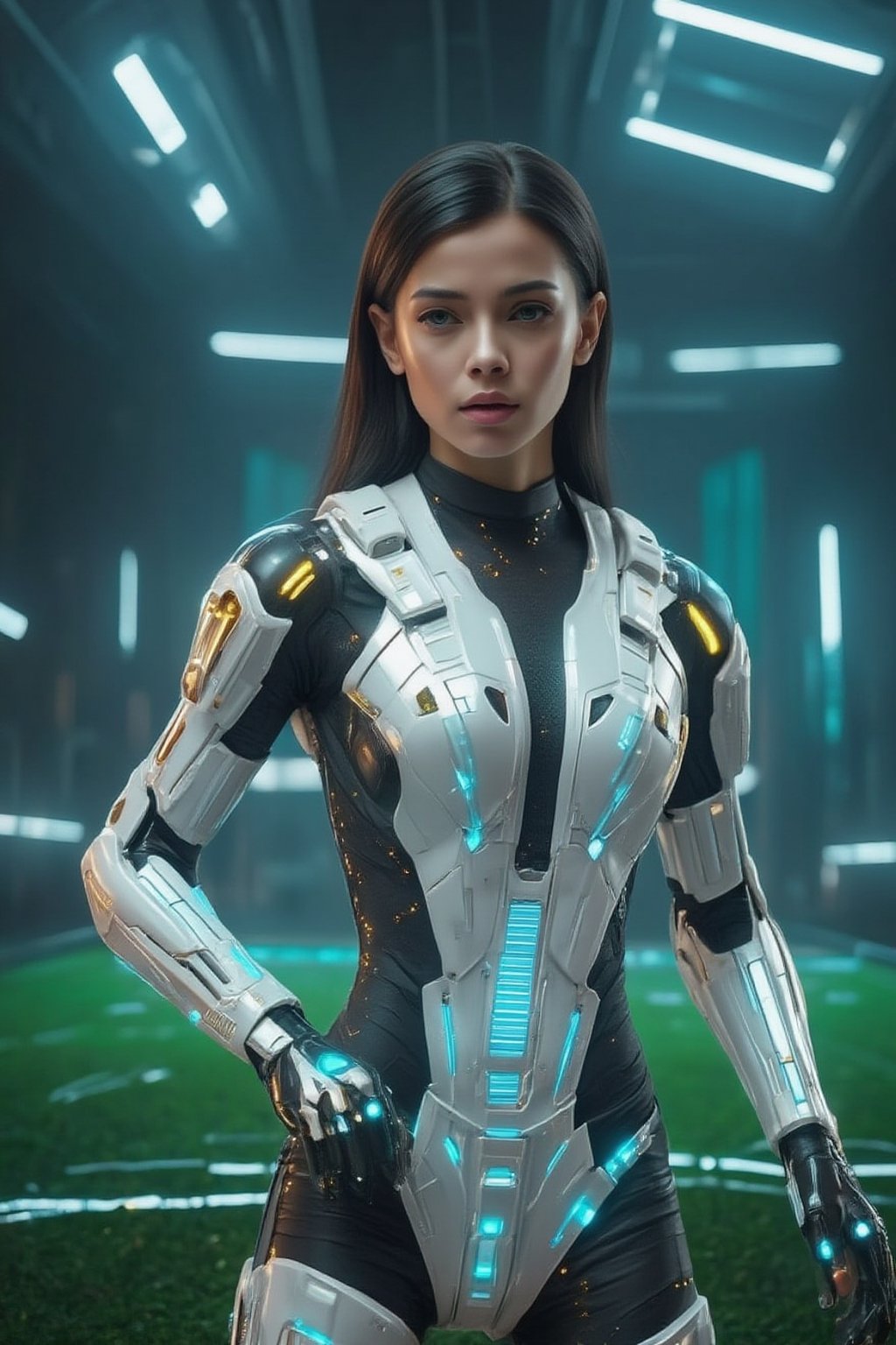 Super real style, 20-year-old Asian model beauty with beautiful long black hair and sharp black eyes, wearing a fashionable white futuristic mecha suit with glowing blue lines on it. She stood in a high-tech laboratory filled with neon lights, holographic screens and advanced robotic arms. Her expression was focused and determined.
She is playing football on the green field, she is a football model, she is playing football with a playful expression, 8K