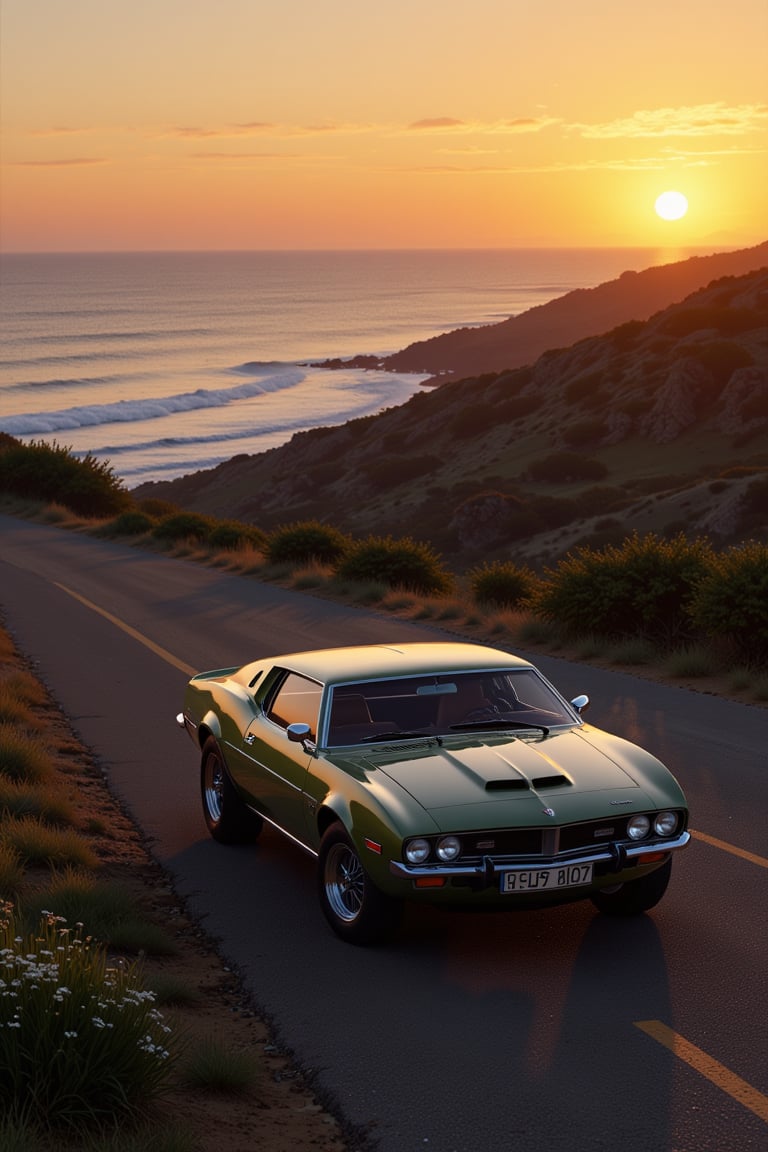  an impressive 70s classic sports 70s car near an ocean at sunset