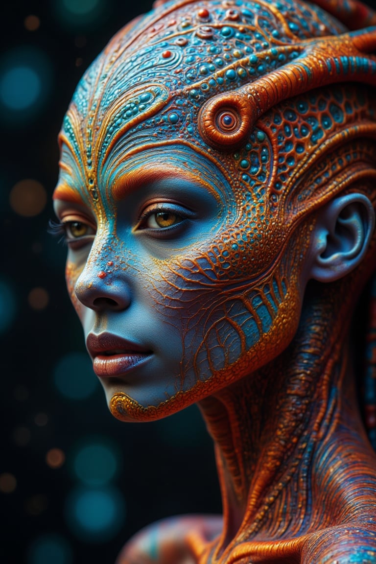 real photo,  portrait,  fontal view of a beautifully complex alien woman looking at viewer by andux on Tensor.Art