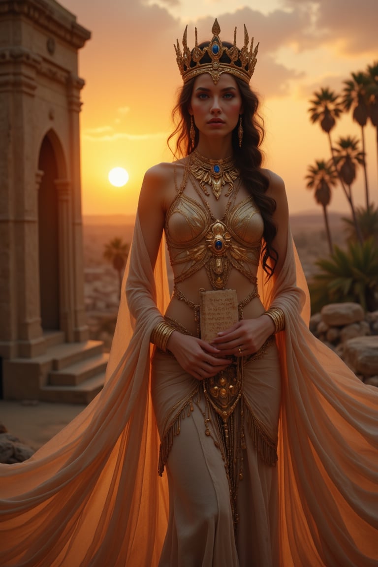 Real photography, cinematic, A beautiful priestess of ancient Mesopotamia looking at the viewer, adorned in a flowing linen gown with intricate gold and lapis lazuli jewelry, stands before ancient mesopotamian buildings at dusk. Her long, dark hair is braided with golden threads, and she holds a clay tablet inscribed with cuneiform symbols.  Torches flicker in the warm desert breeze. The sky glows with the setting sun, casting a deep orange hue over the landscape and illuminating the fertile crescent below. Palm trees sway in the distance
