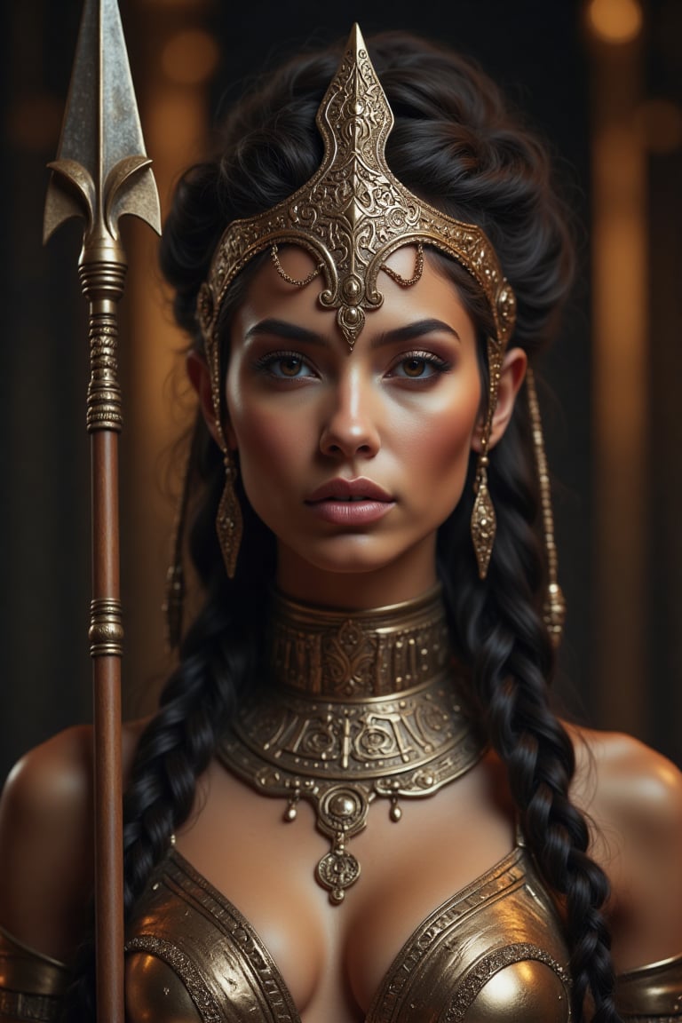 frontal view photo, masterpiece, best quality, ultra detailed, cinematic, absurdres, masterpiece, intricate details, gorgeous gladiator woman with a spear on her hand, fit body, a bit muscular, hero, Realistic skin, visible pores, visible tiny blemishes, accurate face, tiny wrinkles, highly detailed skin