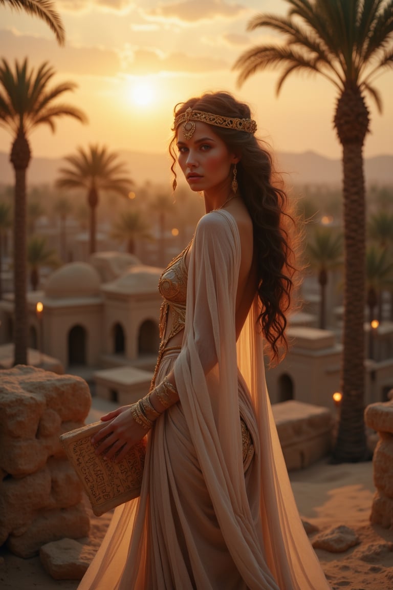 Real photography, cinematic, A beautiful priestess of ancient Mesopotamia looking at the viewer, adorned in a flowing linen gown with intricate gold and lapis lazuli jewelry, stands before ancient mesopotamian buildings at dusk. Her long, dark hair is braided with golden threads, and she holds a clay tablet inscribed with cuneiform symbols.  Torches flicker in the warm desert breeze. The sky glows with the setting sun, casting a deep orange hue over the landscape and illuminating the fertile crescent below. Palm trees sway in the distance
