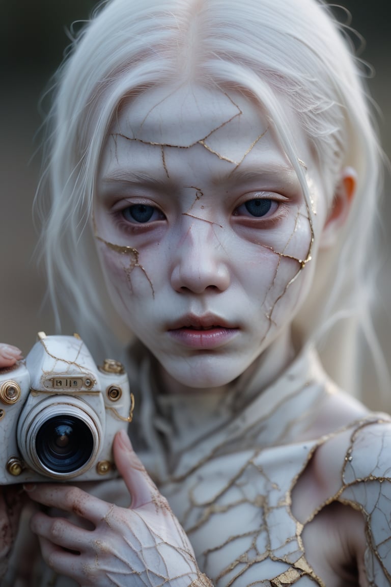 portrait photo of a doll with porcelain kintsugi skin, holding a photo camera, cracked skin, shattered porcelain skin, deep fine cracks, kintsugi, soft focus, half body editorial shot, detph of field, uncanny, long white hair, stunning perfect shining eyes, pale skin, shy smile, intricitaly hyperdetailed, amazing depth, expansive details, cracked surface, iridescent surface 
