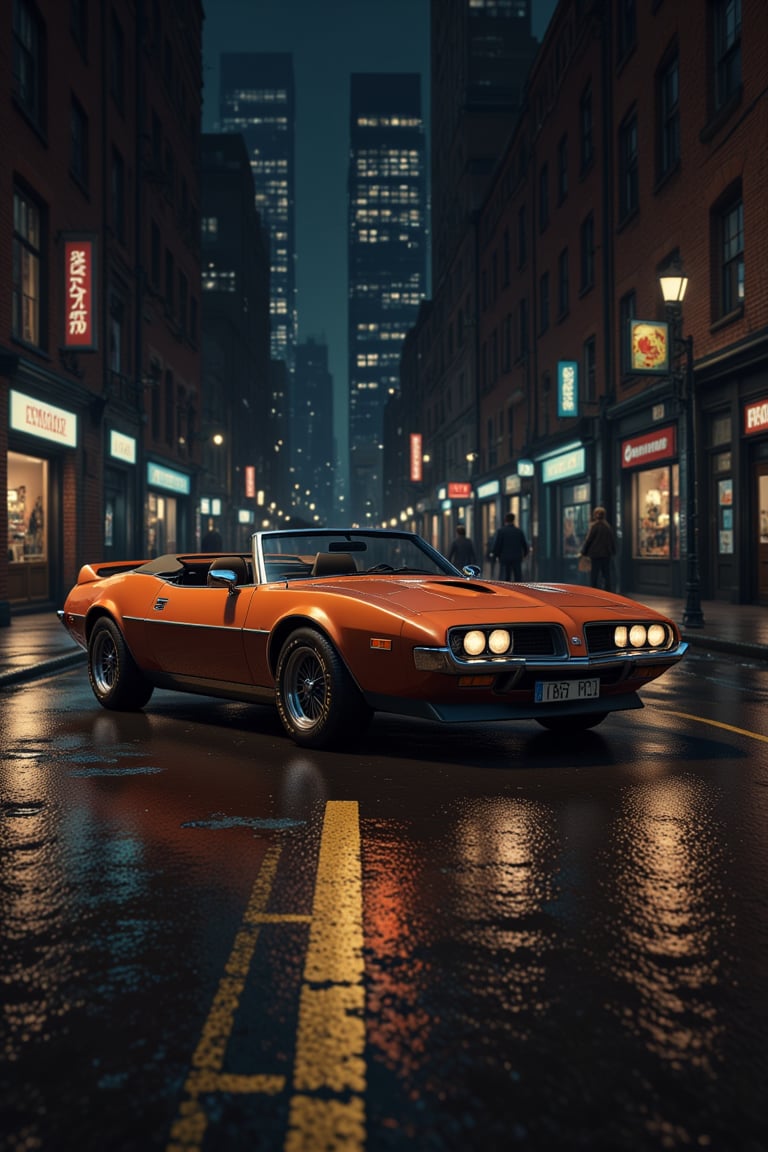 an impressive 70s convertible sports car, by night, intricate details, realistic, realism, ultra sharp, cinematic film still
