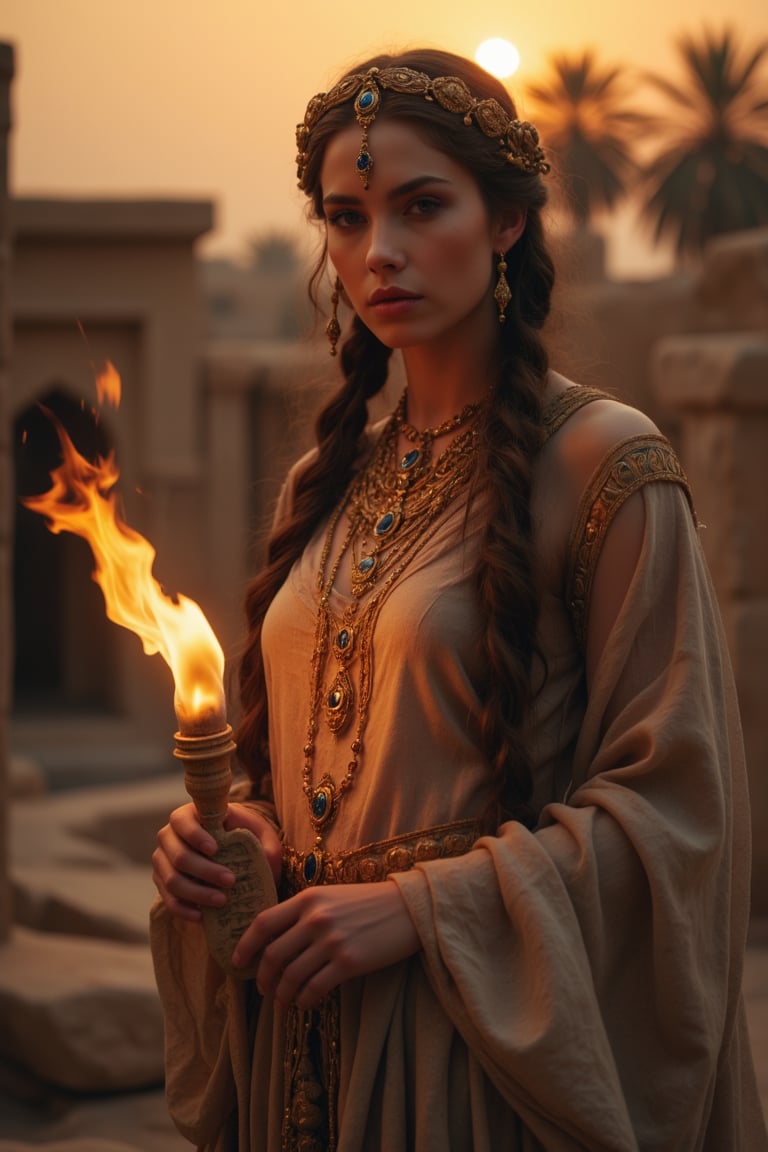 Real photography, cinematic, A beautiful priestess of ancient Mesopotamia looking at the viewer, adorned in a flowing linen gown with intricate gold and lapis lazuli jewelry, stands before ancient mesopotamian buildings at dusk. Her long, dark hair is braided with golden threads, and she holds a clay tablet inscribed with cuneiform symbols.  Torches flicker in the warm desert breeze. The sky glows with the setting sun, casting a deep orange hue over the landscape and illuminating the fertile crescent below. Palm trees sway in the distance
