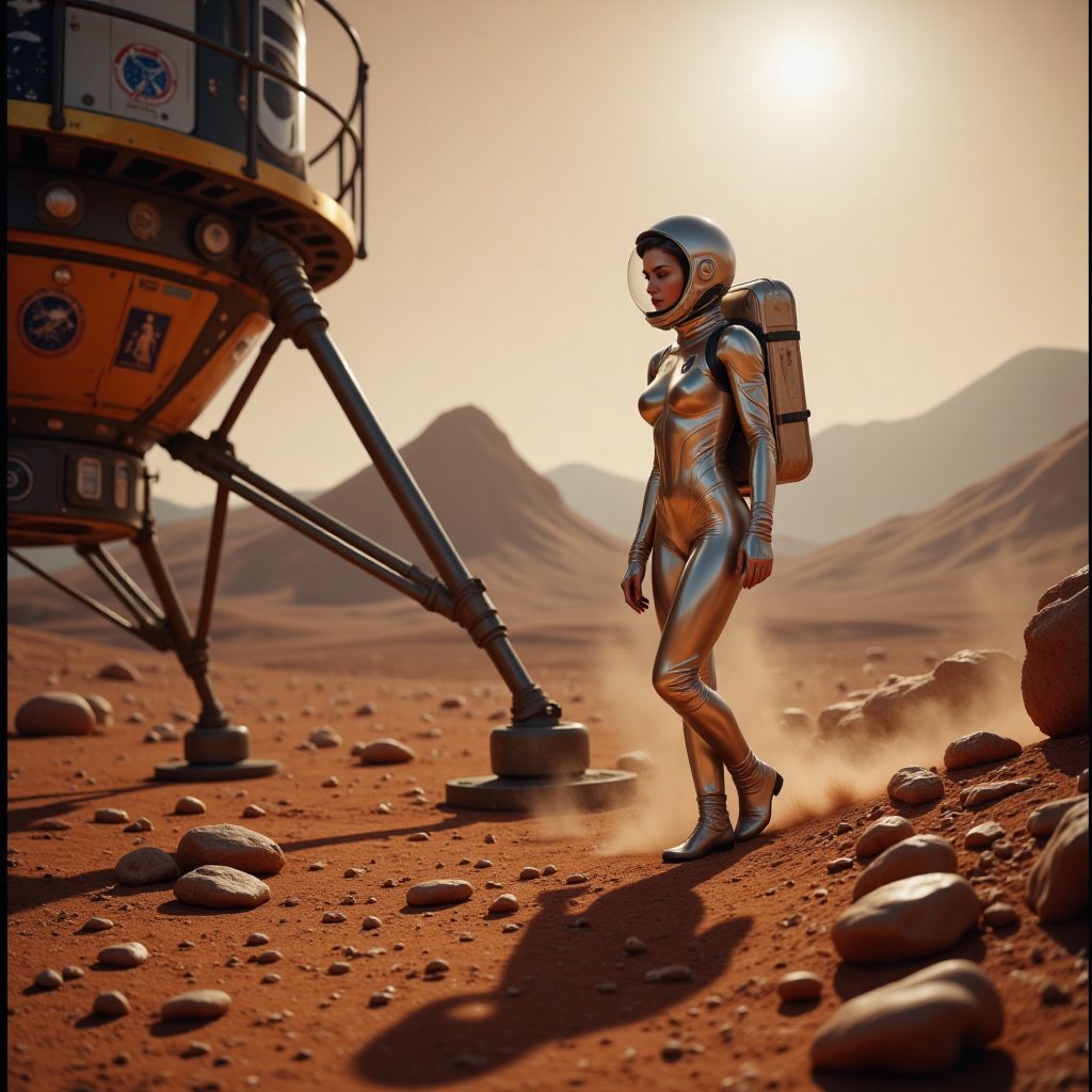 A vintage film colors photograph captures a moment as the woman astronaut,  in a shiny tight costume without helmet sets f...