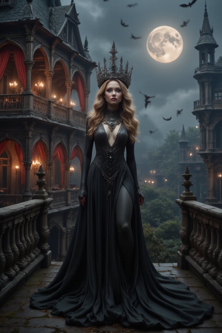  A beautiful vampire queen stands on the balcony of a dark,  castle, her long black gown flowing in the night breeze. The castle is adorned with gargoyles and towering spires, illuminated by the pale light of the full moon. Her skin is porcelain-pale, and her red lips contrast sharply against her sharp fangs. Behind her, an opulent throne room with velvet curtains and candlelit chandeliers adds an air of ancient luxury. Bats circle above, and the forest below is cloaked in mist, giving the impression of an eternal night. Her gaze is piercing, filled with centuries of wisdom and darkness, as she surveys her domain.
