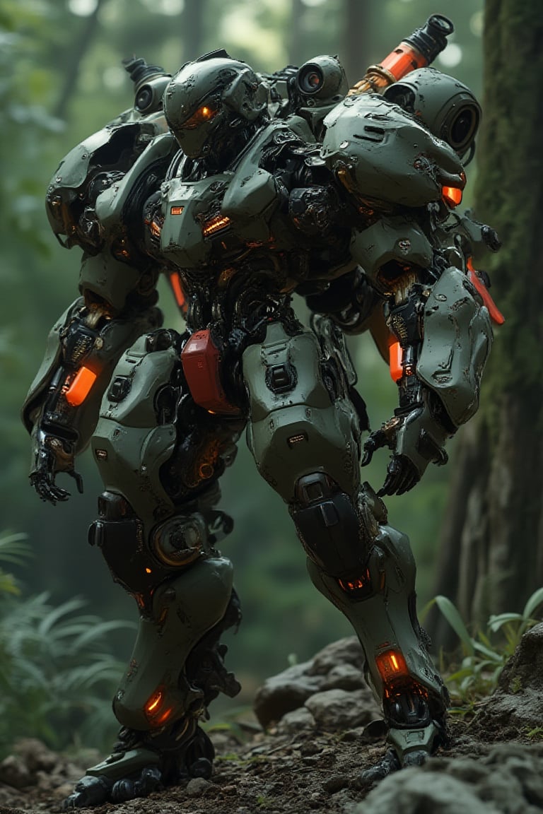 a gorila mecha concept, a Japanese mecha, dull green mix dark red, polycarbonate style, back got exobon with big rocket launchers weapon (( orange neon effect)), fully with gears and engine, futuristic, high impact, ultra realistic,  dark green jungle background, ultra details, intricate, japanese mecha style, exmechapolyhan83, hanxdeadcyborg83,hanxhelm