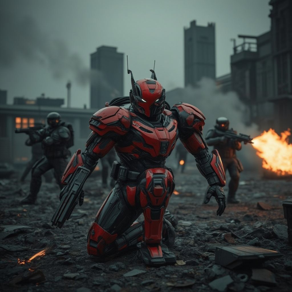 Ultrawide cinematic shot: capture  the moment of war combat, a man with red and black cyborg suit in war fight, complex cybernetics armor, random  war pose with  futuristic plasma gun, fully tactical war with army, fire and foggy effect on background, in dark broken cityscape , hanxhelm, hanemperor23,cinematicxhan