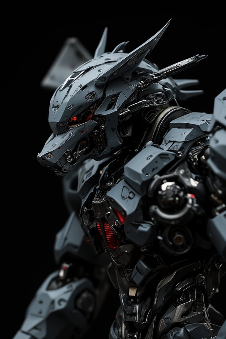 close up shot at fave, a wolf concept, a Japanese mecha, grey color, main dark red, polycarbonate style, back got exobon with big wing, fully with gears and engine, futuristic, high impact, ultra realistic, black background, ultra details, intricate, japanese mecha style, exmechapolyhan83, hanxdeadcyborg83