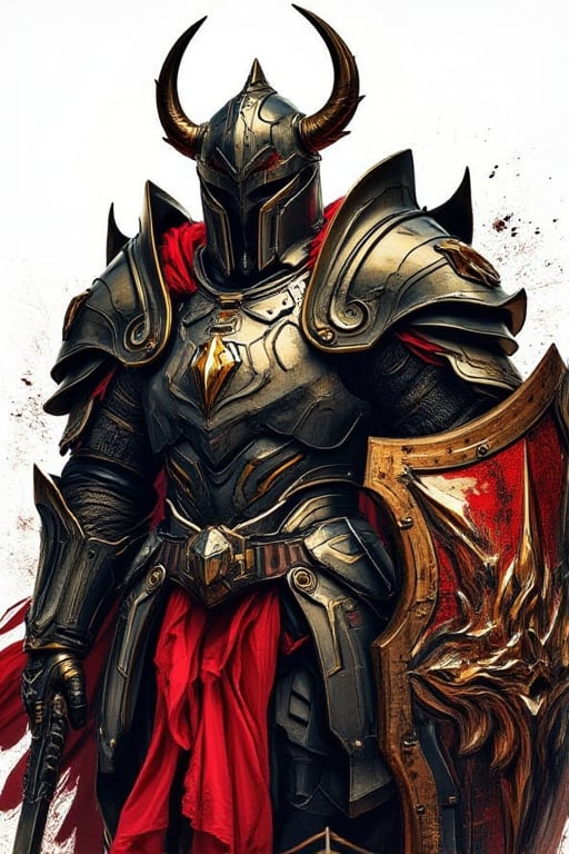 marker art style, messy sketch colors, : The image depicts a menacing, armored warrior, likely from a fantasy or dark medieval setting. The character is adorned in heavy, intricately designed plate armor with an imposing helmet featuring prominent, horn-like structures. They wield a large, decorated shield emblazoned with a serpent-like emblem and intricate web-like patterns, signifying a powerful defensive artifact. marker art stule, The figure's armor has a dark metallic sheen, contrasted by red cloth elements flowing beneath the plating. The character appears ready for battle, gripping a sword and exuding an aura of strength and intimidation, suggesting they are a formidable guardian or dark knight.,mparthan83,hanemperor23,cinematicxhan