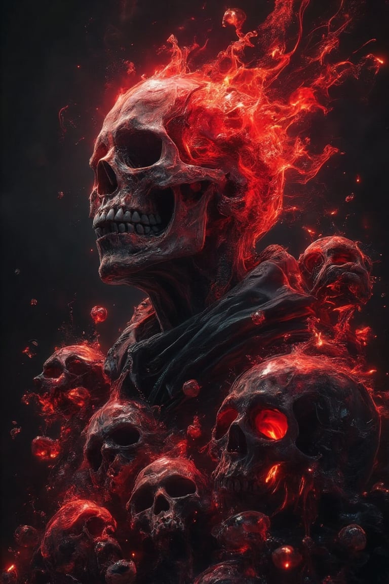 a negro man with a flying red fire skull doodles , got many fire skull doodles surrounding him, the red skull was glowing and shining effects, black and dark background, black temple as background 

Doodles,grungeartxhan83,hologram,aura