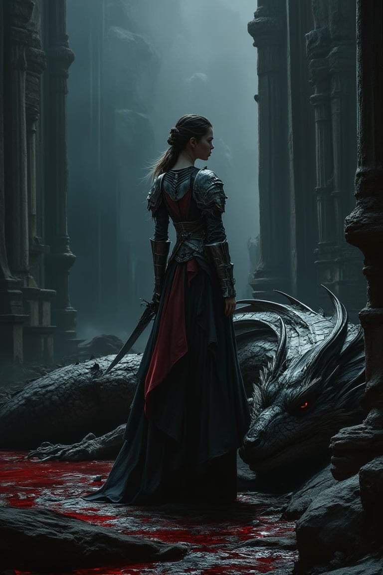 In a dramatic chiaroscuro-lit scene, a lone weaver-norn knight, donning worn armor and holding down a massive sword, stands atop the ruins of a ancient temple. At her back, a lifeless dragon sprawls, its bloodied scales glistening in the dim light. The air is heavy with mystery as she gazes out into the darkness, her face a picture of determination.,hanxsuit,mparthan83