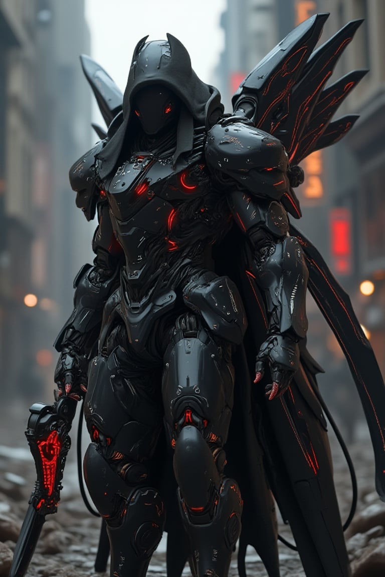 a death reaper mecha, black armor with hoodie, got big  acrobatic wing at his back, hold a death reaper weapon scythe red color with neon, matte polycarbonate design, cinematic mood in broken dark city, futuristic design, the armor fully with gears, exmechapolyhan83, hanxdeadcyborg83, cinematicxhan