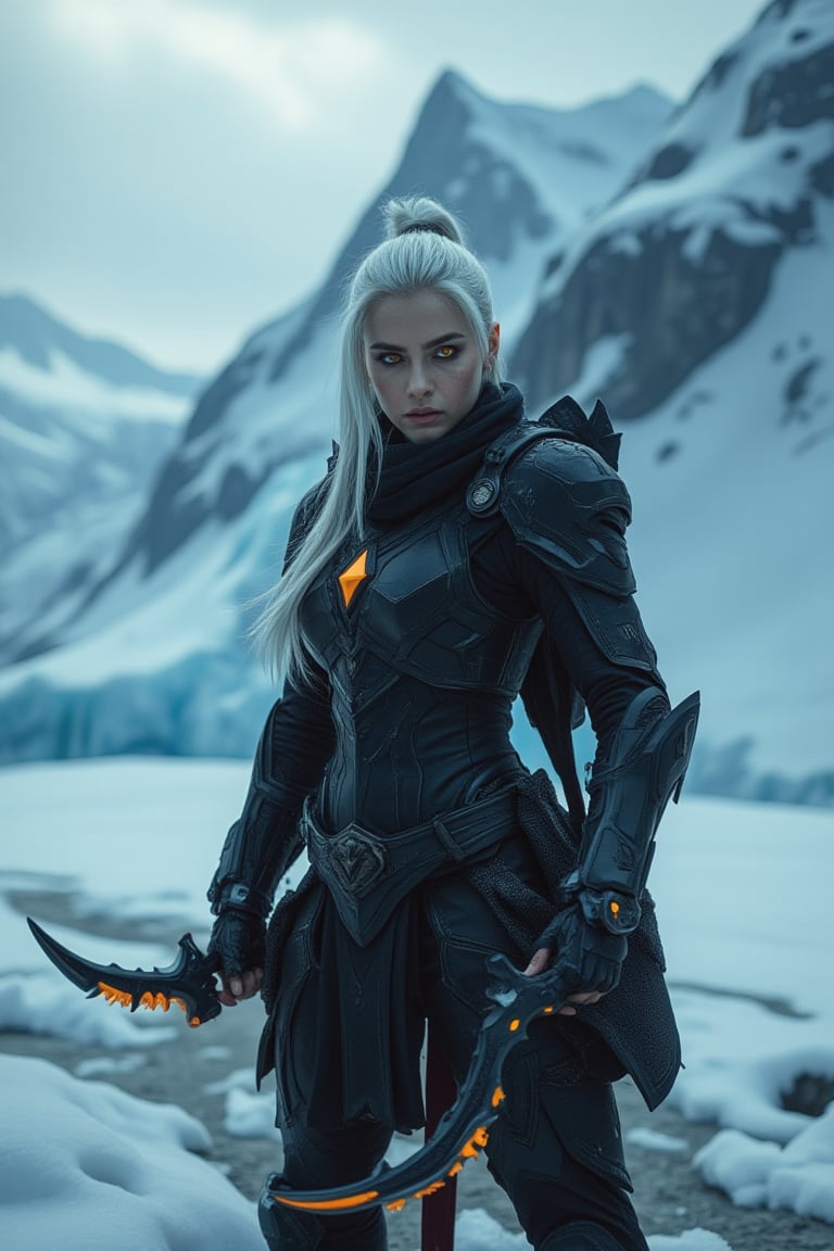 cinematic photo: In a breathtaking, snow-capped Alaskan landscape, a cyborg assassin pose fighting style, clad in black armor with some orange neon design , that seems to absorb the surrounding environment. Her striking white hair appears almost luminescent against the dark suit, while her piercing orange eyes gleam with an otherworldly intensity. The unique double blades dagger at her side features razor-sharp edges that curve big blades illuminated by vibrant orange neon strips running along their length. As she grips the hilt, her pose exudes confidence and menace, ready to strike in the midst of this frozen wilderness., cinematicxhan, hanemperor23, bladesxhan23