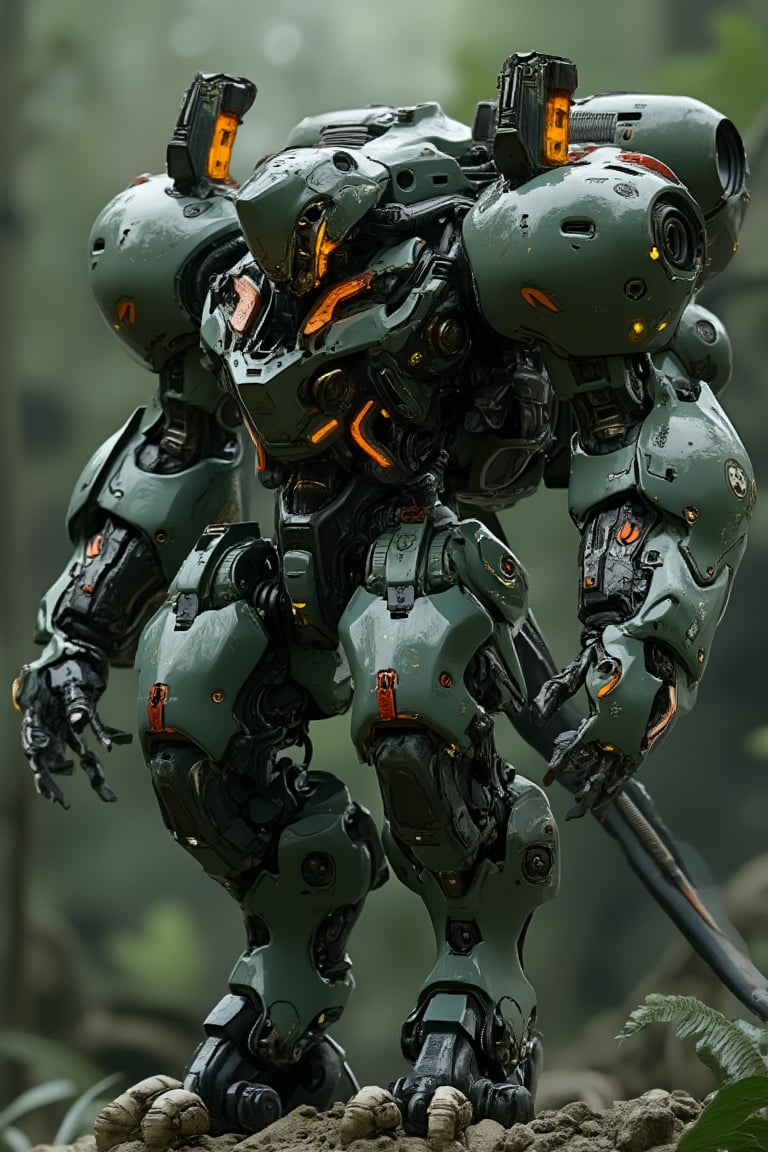 a gorila mecha concept, a Japanese mecha, dull green mix dark red, polycarbonate style, big hand like a monkey gorila, back got exo-bone with big rocket launchers weapon, (( orange neon effect)), fully with gears and engine, futuristic, high impact, ultra realistic,  dark green jungle background, ultra details, intricate, japanese mecha style, exmechapolyhan83, hanxdeadcyborg83,hanxhelm