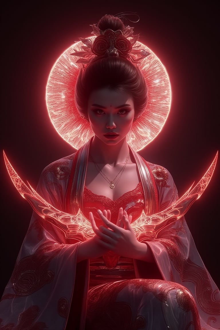 cinematic mood : a geisha Weald a twin blades, the baldes got grip at center, flower aura at the blades, hologram style red color aura, , posing with style, at top of hil,