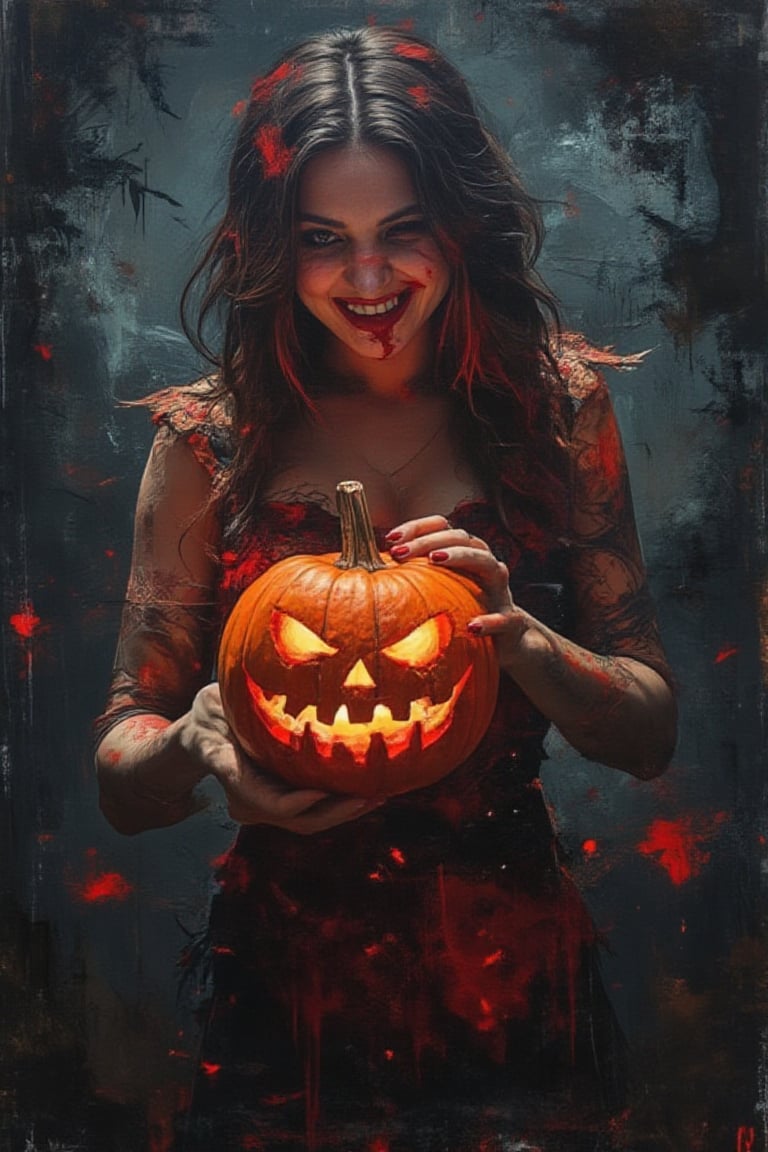 oil painting with  glitches vhs effect,a beauty women vampires with teeth, hold a pumpkins in dark dimly room, low key stlye, 60 percent shadow surrounding, glicthyxhan,, xkebayabalihan,grungeartxhan83