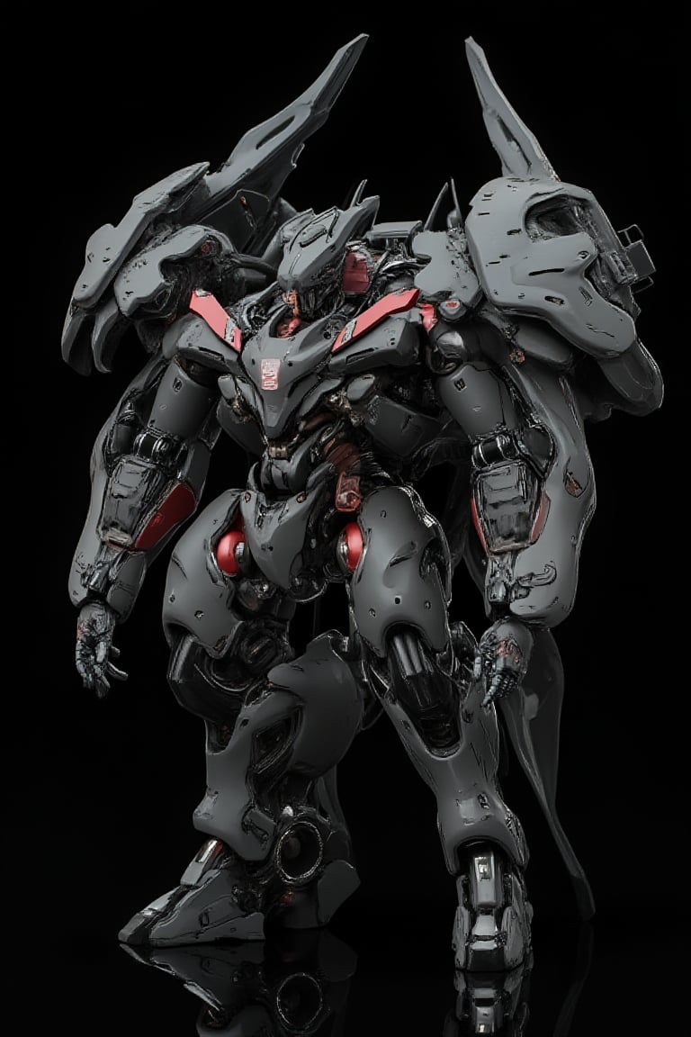 a japense mecha, grey color, main dark red, polycarbonate style, back got exobon with big wing, fully with gears and engine, futuristic, high impact, ultra realistic, black background, ultra details, intricate, japanese mecha style, exmechapolyhan83, hanxdeadcyborg83