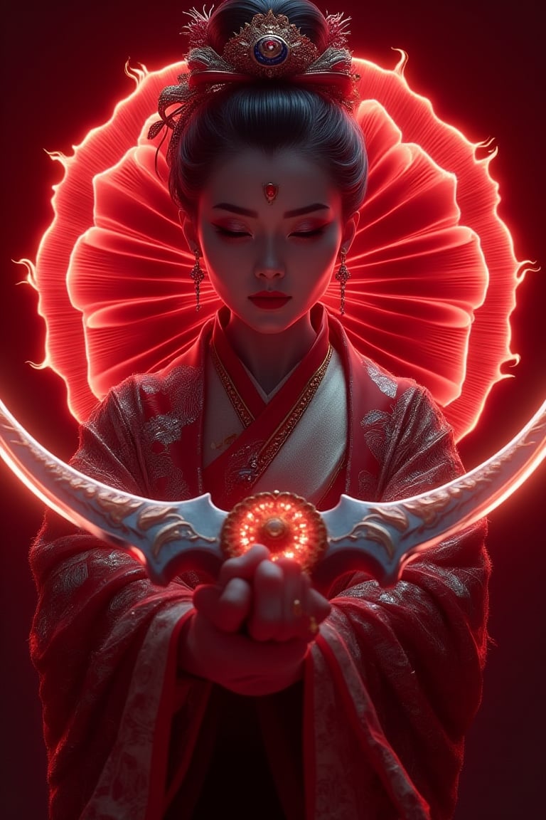 cinematic mood : a geisha weald a twin blades, the blades got grip at center, the red hologram flower aura surrounding  the blades, hologram style red color aura, big blades and got curvy Style, the geisha posing with style, at top of hil, ultra realistic, ultra details, 