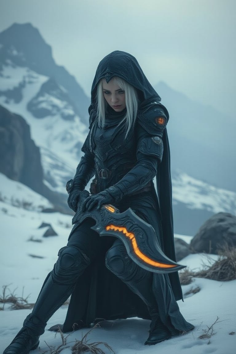 cinematic photo: In a breathtaking, snow-capped Alaskan landscape, a cyborg assassin pose fighting style, clad in black armor with some orange neon design , that seems to absorb the surrounding environment. Her striking white hair appears almost luminescent against the dark suit, while her piercing orange eyes gleam with an otherworldly intensity. The unique double blades dagger at her side features razor-sharp edges that curve big blades illuminated by vibrant orange neon strips running along their length. As she grips the hilt, her pose exudes confidence and menace, ready to strike in the midst of this frozen wilderness., cinematicxhan, hanemperor23, bladesxhan23