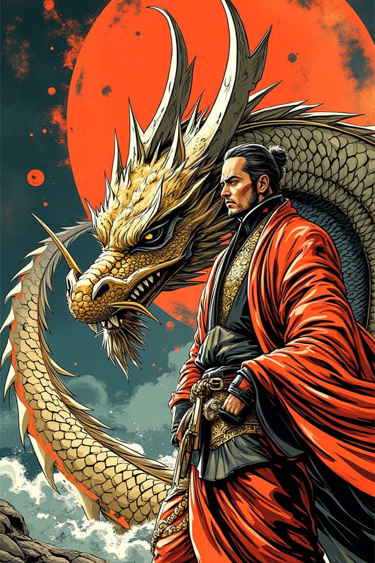 epic anime style ghibli, male, dragon, samurai, very intricate details, maximalism, bold lining,mparthan83