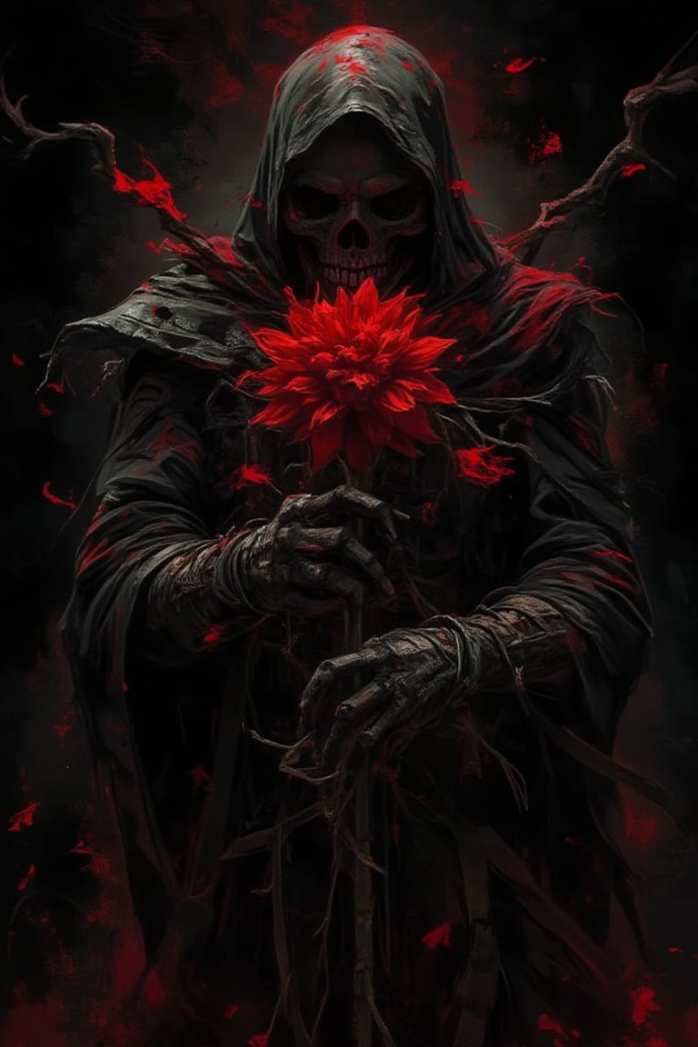 abstract art, a death reaper stand with many of darkness red flower, poster style, cinematic mood, low key style, black background, the art so complex with grunge stroke,cinematicxhan,grungeartxhan83,hanxdeadcyborg83