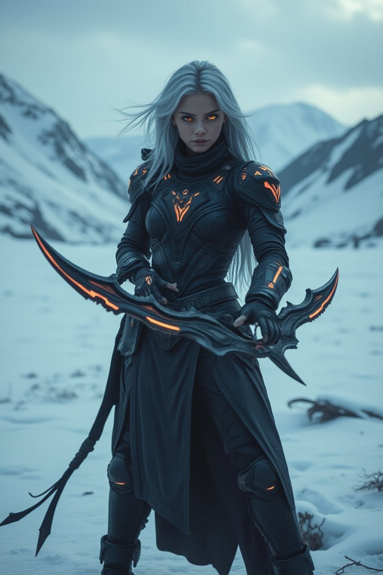 cinematic photo: In a breathtaking, snow-capped Alaskan landscape, a cyborg assassin pose fighting style, clad in black armor with some orange neon design , that seems to absorb the surrounding environment. Her striking white hair appears almost luminescent against the dark suit, while her piercing orange eyes gleam with an otherworldly intensity. The unique double blades dagger at her side features razor-sharp edges that curve like a bow's shape, illuminated by vibrant orange neon strips running along their length. As she grips the hilt, her pose exudes confidence and menace, ready to strike in the midst of this frozen wilderness., cinematicxhan, hanemperor23, bladesxhan23