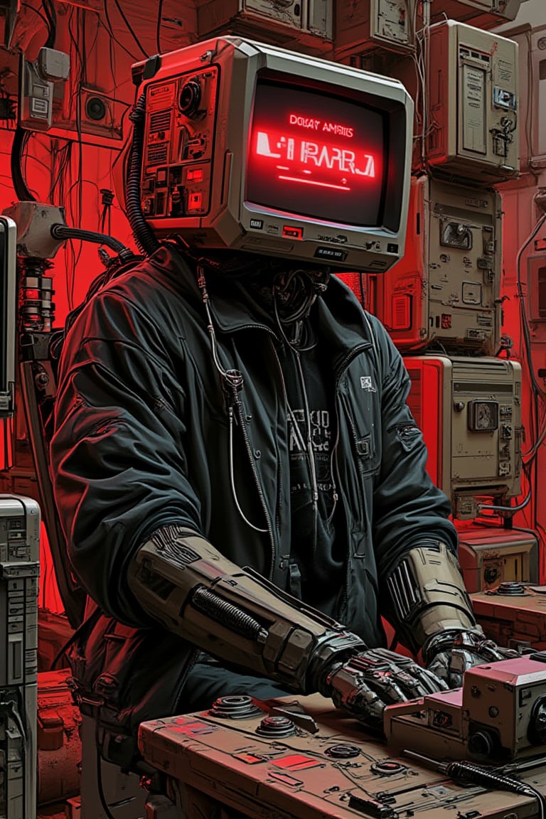 The image portrays a cyberpunk scene featuring a humanoid figure with a CRT monitor for a head, surrounded by a clutter of retro technology, wear some jacket black hoodie, cables, and screens. text "VOKAB ERA" red font and dotted effect.in screen, complex design, fully wired and gears, The character's posture is seated, typing on an old-fashioned keyboard with mechanical hands. The artwork uses a detailed, sketch-like stroke, red and brown mood color, cyberhan83nalogue, mparthan83, hanxdeadcyborg83