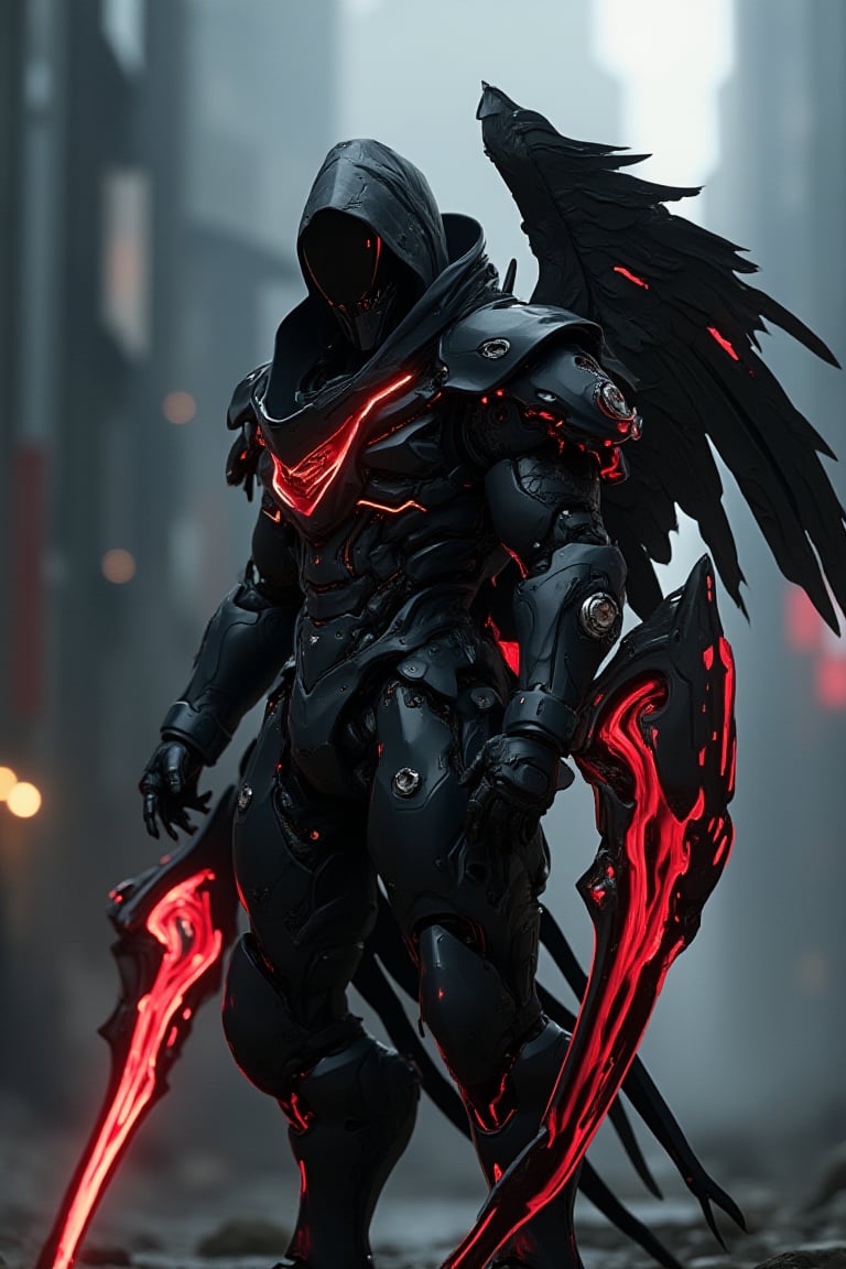 a death reaper mecha, black armor with hoodie, got big wing at his back, hold a death reaper weapon scythe red color with neon, matte polycarbonate design, cinematic mood in broken dark city, futuristic design, the armor fully with gears, exmechapolyhan83, hanxdeadcyborg83, cinematicxhan