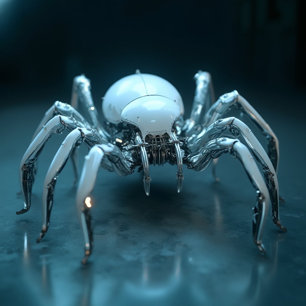 A highly detailed ultra-realistic mechanical spider with a sleek white body and transparent glass casing, showcasing its intricate inner workings. The design is complex, blending a futuristic aesthetic with a cinematic atmosphere. Photographed in a moody, low-light environment, metallic reflections highlight the spider's body, with soft shadows creating depth. The color palette features cool tones, contrasting the bright white shell with subtle hues of blue and silver, enhancing the mechanical marvel's mesmerizing presence.