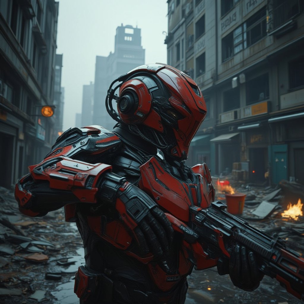 Ultrawide cinematic shot: capture  the moment of war combat, a man with red and black cyborg suit in war fight, complex cybernetics armor, random  war pose with  futuristic plasma gun, fully tactical war with army, fire and foggy effect on background, in dark broken cityscape , hanxhelm, hanemperor23,cinematicxhan