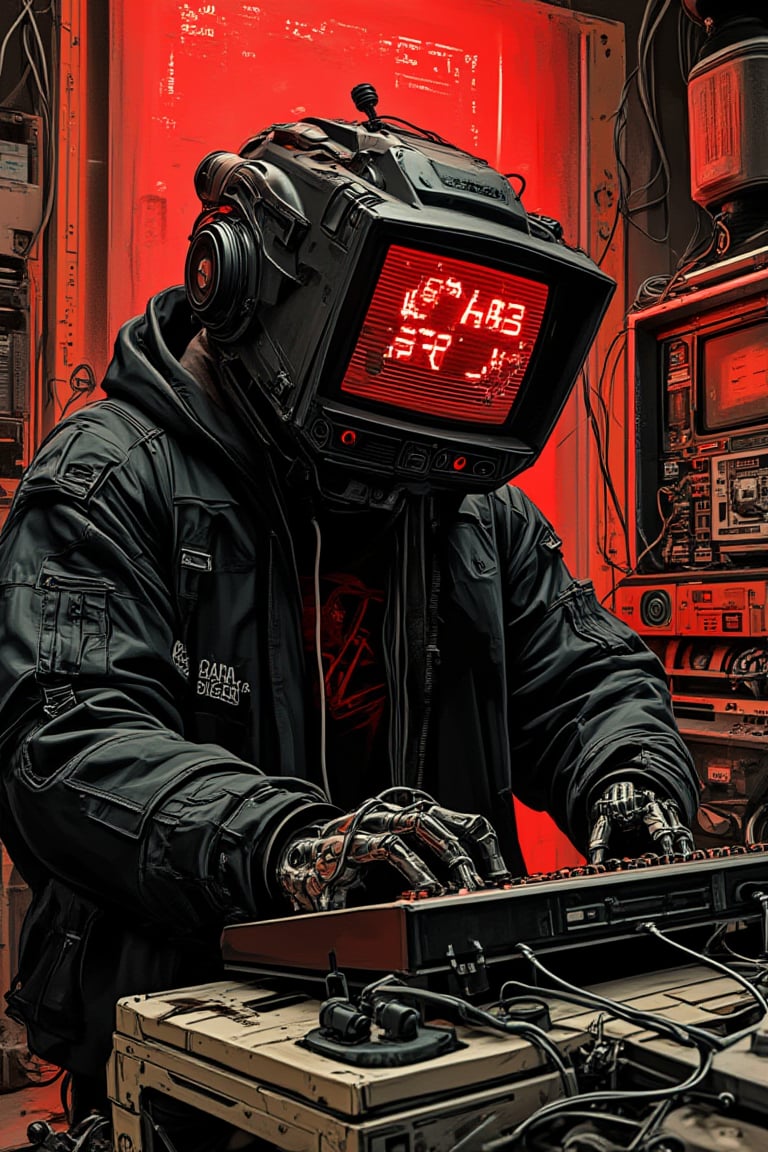 The image portrays a cyberpunk scene featuring a humanoid figure with a CRT monitor for a head, surrounded by a clutter of retro technology, wear some jacket black hoodie, cables, and screens. text "VOKAB ERA" red font and glitch effect.in screen, complex design, fully wired and gears, The character's posture is seated, typing on an old-fashioned keyboard with mechanical hands. The artwork uses a detailed, sketch-like stroke, red and brown mood color, cyberhan83nalogue, mparthan83, hanxdeadcyborg83