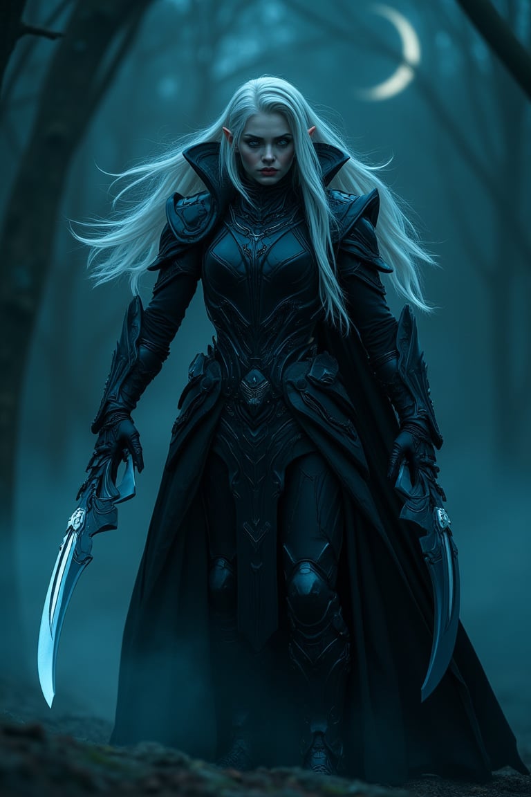 wide clos up shot, A striking elf woman with flowing white hair and white eyes lens, moonlit forest. Clad in sleek, black assassin armor, she wields curvy twin 
with deadly grace. The mood is intense, with sharp contrast highlighting the shadows Fog swirls around her feet, adding a sense of mystery. The cool tones of cyan and deep blacks dominate the color palette, enhancing the dramatic and stealthy atmosphere. ultra realistic, ultra details, human skin textures, war twin blades,mecha,cyborg,hanxhelm,cyborg 