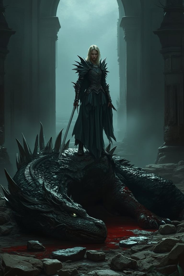 In a dramatic chiaroscuro-lit scene, a lone weaver-norn knight, donning worn armor and holding down a massive sword, stands atop the ruins of a ancient temple. At her back, a lifeless dragon sprawls, its bloodied scales glistening in the dim light. The air is heavy with mystery as she gazes out into the darkness, her face a picture of determination.,hanxsuit,mparthan83