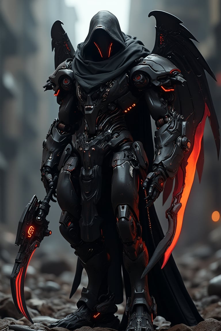 a death reaper mecha, black armor with hoodie, got big wing at his back, hold a death reaper weapon scythe red color with neon, matte polycarbonate design, cinematic mood in broken dark city, futuristic design, the armor fully with gears, exmechapolyhan83, hanxdeadcyborg83, cinematicxhan