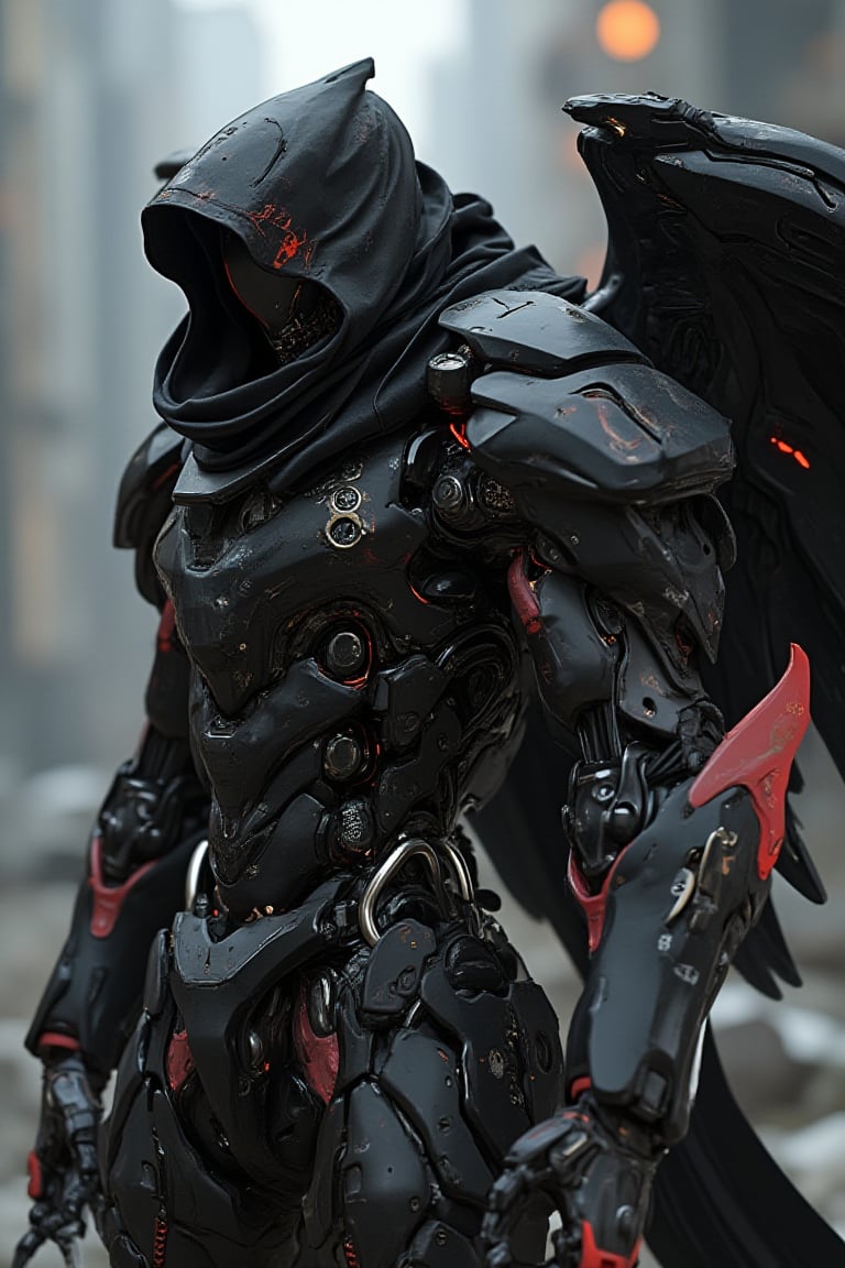 a death reaper mecha, black armor with hoodie, got big  acrobatic wing at his back, hold a death reaper weapon scythe red color with neon, matte polycarbonate design, cinematic mood in broken dark city, futuristic design, the armor fully with gears, exmechapolyhan83, hanxdeadcyborg83, cinematicxhan