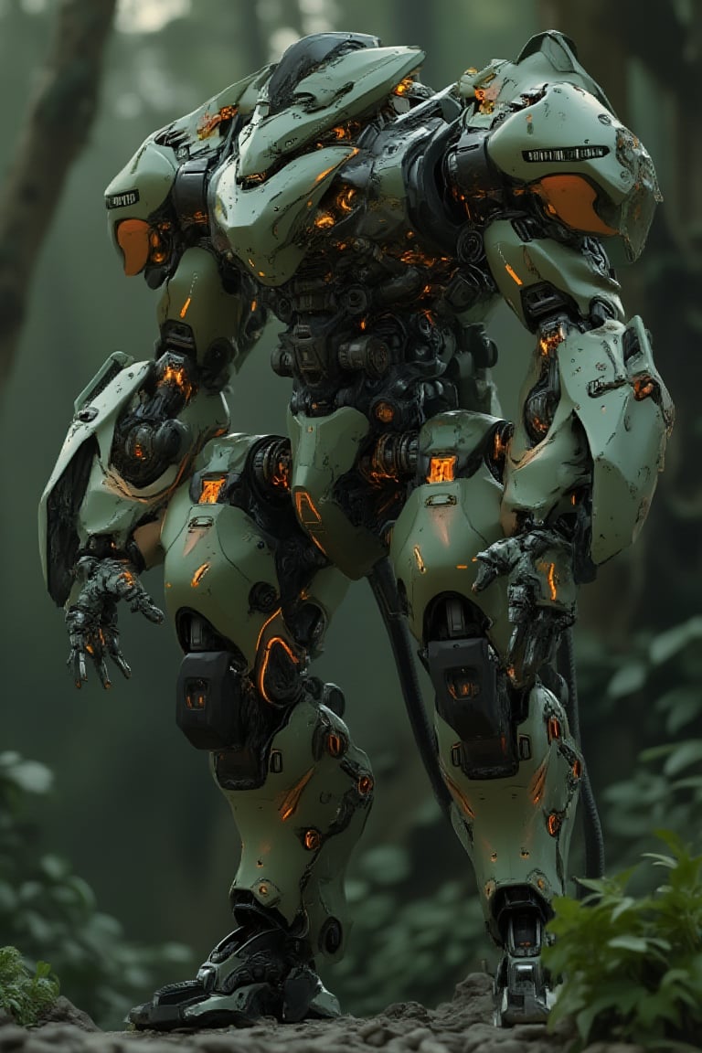 a gorila mecha concept, a Japanese mecha, dull green mix dark red, polycarbonate style, big hand like a monkey gorila, back got exo-bone with big rocket launchers weapon, (( orange neon effect)), fully with gears and engine, futuristic, high impact, ultra realistic,  dark green jungle background, ultra details, intricate, japanese mecha style, exmechapolyhan83, hanxdeadcyborg83,hanxhelm