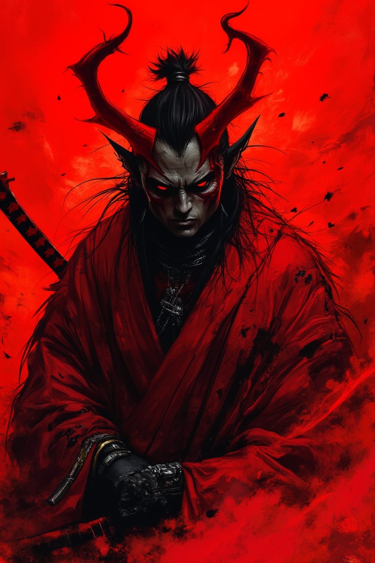 The image depicts a demonic, samurai-like figure with red horns, glowing eyes, and a fierce, twisted grin. The character is shrouded in dark smoke and wears an intricately detailed red robe while gripping a katana. The art style features sharp, dynamic strokes with intense contrast between the fiery red background and the dark, shadowy figure. The concept appears to blend traditional Japanese folklore with a menacing, modern twist, evoking themes of power and darkness. The intricate textures and bold colors enhance its sinister, otherworldly atmosphere. niji art style, ,mparthan83,NijiMax