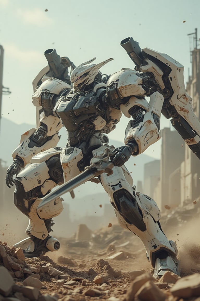 A dynamic pose of a large, imposing robot designed with the aesthetic of an emperor  ((slashing a sword powerfully)) through the air. The robot has a white and black body armor with a light rusty texture, giving it an aged, battle-worn look. Its stance is bold and dominant, with one leg forward, emphasizing its forceful strike. The background showcases a series of ruined buildings and debris, suggesting a recent battle or devastation. The atmosphere is intense, with dust and rubble flying around, enhancing the action of the scene., wind effect,  back body futuristic wing was blowing 

cinematicxhan,exmechapolyhan83,hanxdeadcyborg83