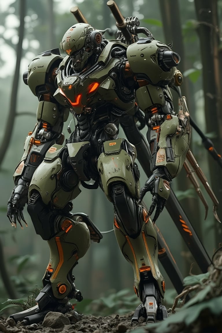 a gorila mecha concept, a Japanese mecha, dull green mix dark red, polycarbonate style, big hand like a monkey gorila, back got exo-bone with big rocket launchers weapon, (( orange neon effect)), fully with gears and engine, futuristic, high impact, ultra realistic,  dark green jungle background, ultra details, intricate, japanese mecha style, exmechapolyhan83, hanxdeadcyborg83,hanxhelm