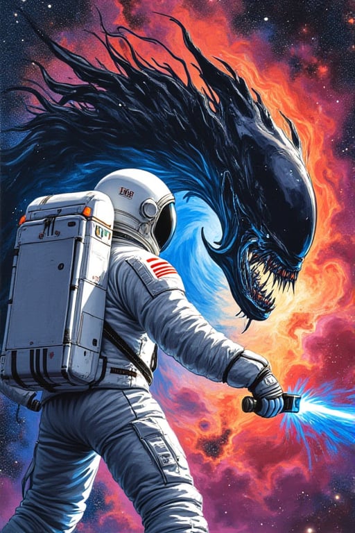 marker pen art, An astronaut, clad in a white spacesuit, floats amidst the swirling colors of a vibrant nebula. Before him, a shadowy, amorphous alien entity emerges, its form shifting and pulsing like living black liquid. Tendrils lash out, glistening with an otherworldly sheen. The astronaut brandishes a plasma cutter, its blade glowing blue against the cosmic backdrop. A tense standoff ensues, the silence of space amplifying the high stakes of their encounter in this surreal, ethereal battleground.,mparthan83,